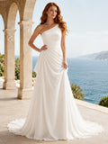 Romantic One-Shoulder Side Draped Chiffon Sheath Chapel Train Wedding Gown front view