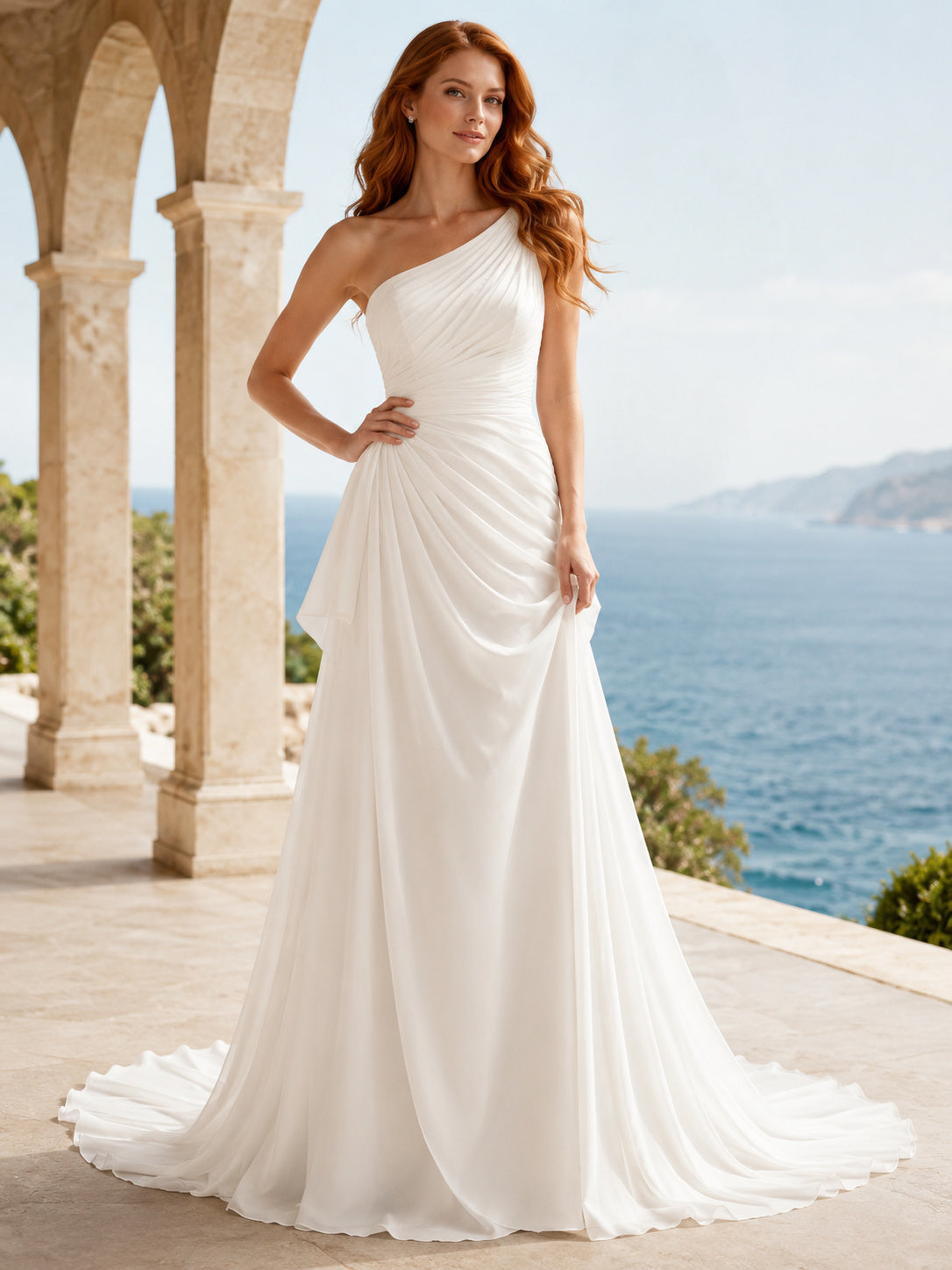 Romantic One-Shoulder Side Draped Chiffon Sheath Chapel Train Wedding Gown front view