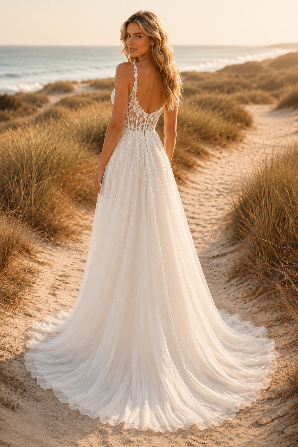 Ivory Sexy Spaghetti Neck A-Line Soft Tulle Wedding Dress with Spaghetti Straps and Sweep Train Style MG_701392 back view