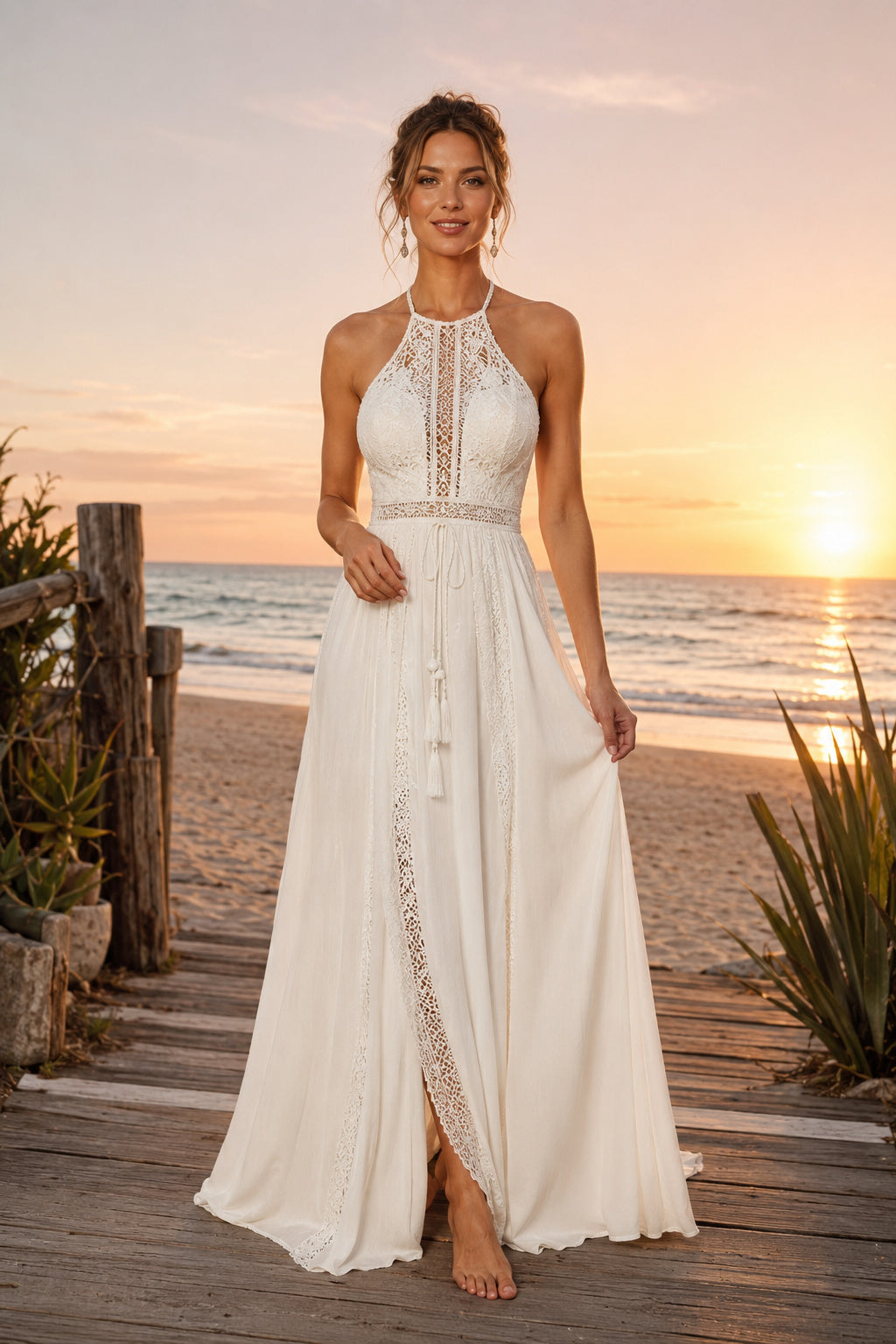 Ivory High Neck Halter Chiffon A-Line Wedding Dress with Front Split and Open Back front view