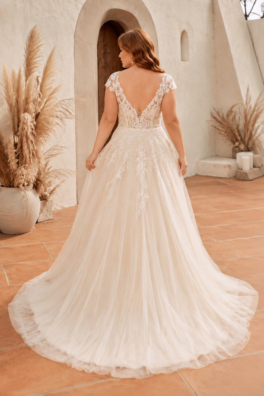 Plus Size Cap Sleeve V-Neck Tulle A-Line Wedding Dress with Lace Applique back view