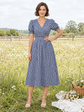 Blue Gingham V Neck Puff Sleeve Picnic Midi Dress front view