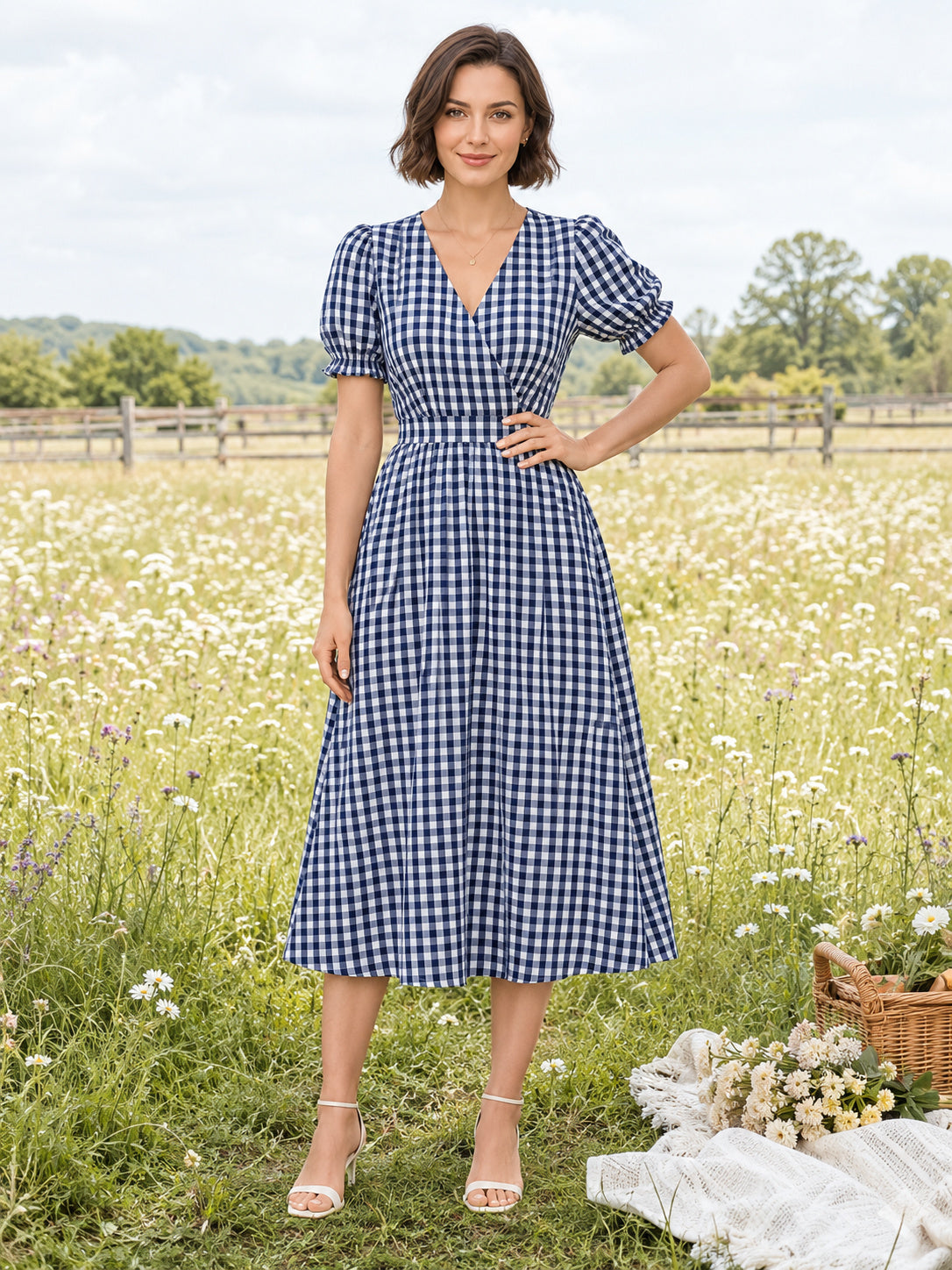 Blue Gingham V Neck Puff Sleeve Picnic Midi Dress front view