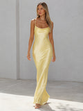 Pale yellow cowl neck satin slip maxi dress front view
