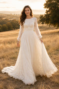 Ivory Boho Bateau Neck A-Line Soft Tulle Wedding Dress with Long Poet Sleeves and Chapel Train front view