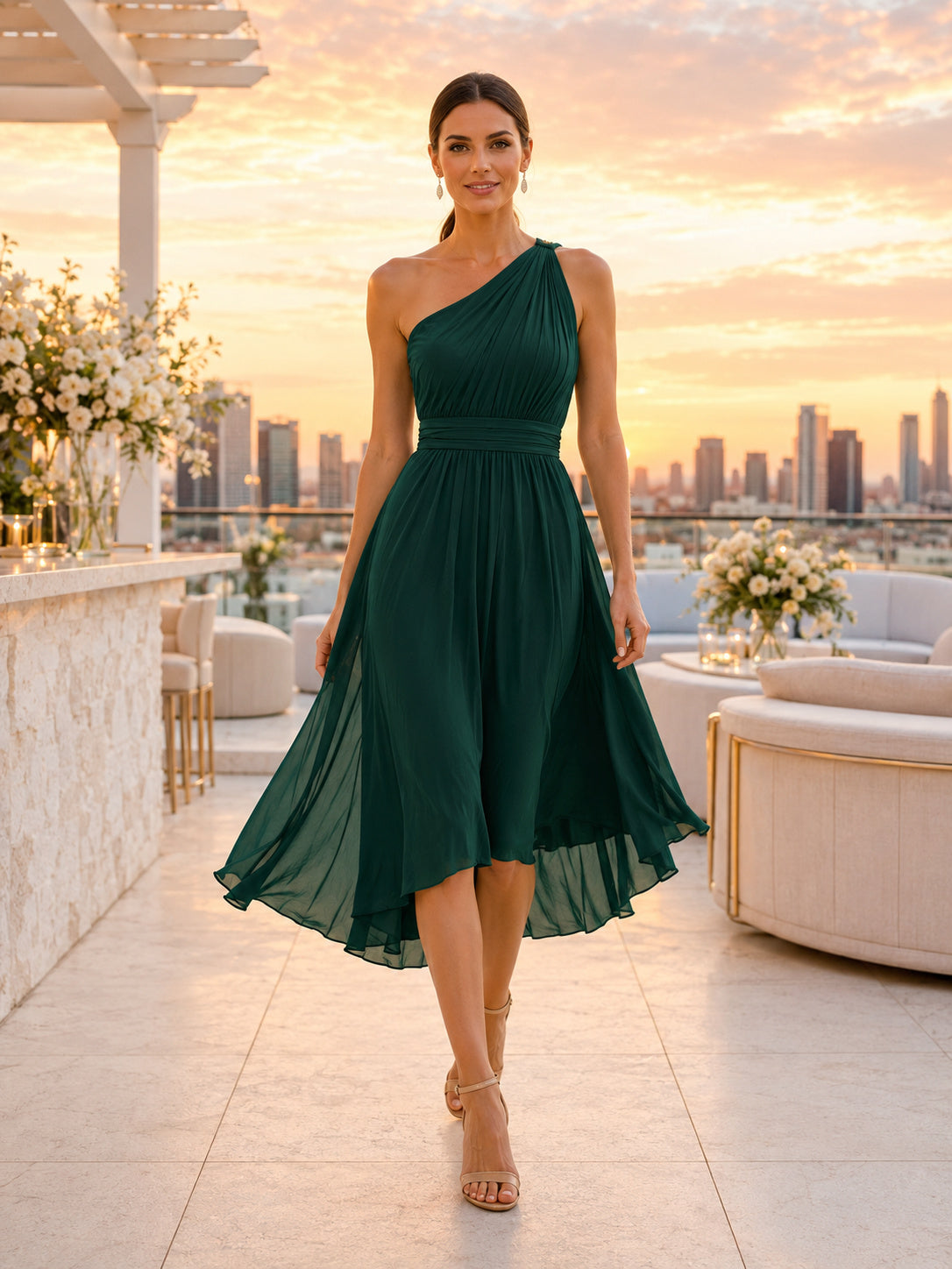 Emerald One Shoulder Chiffon Tea Length A Line Wedding Guest Dress front view