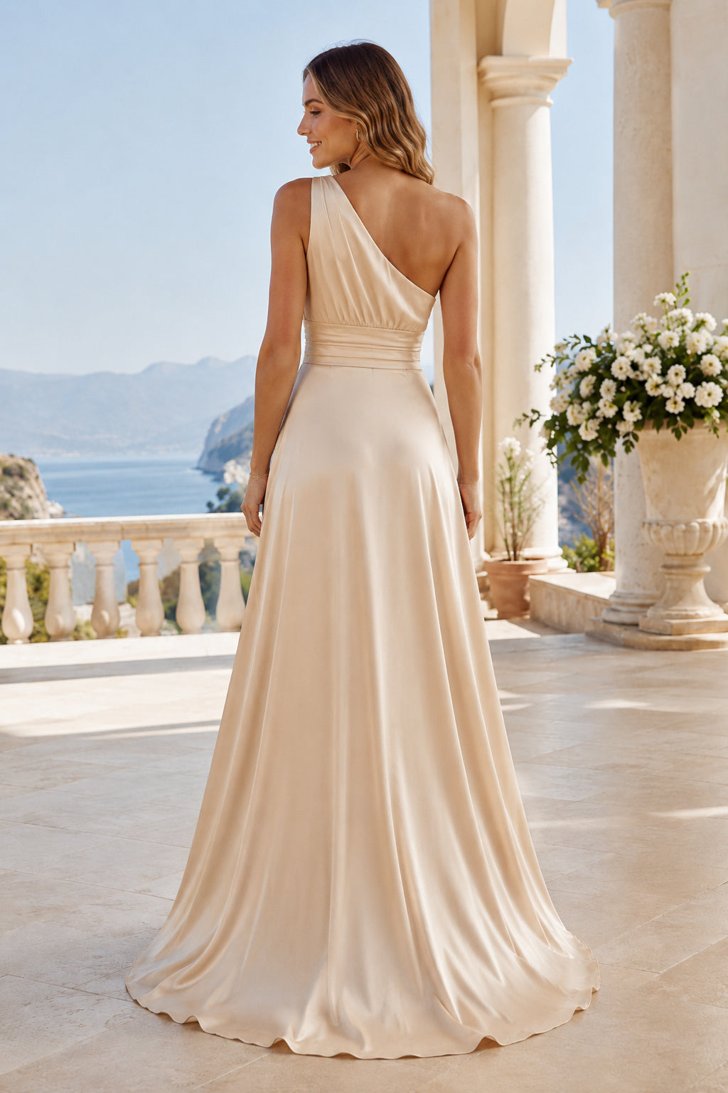 Champagne One-Shoulder Satin Chiffon A-Line Guest Dress with Side Split and Draped Waist back view