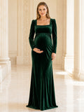 Dark Green Maternity Square Neck Long Sleeve Velvet Sheath Floor Length Luxury Evening Dress front view