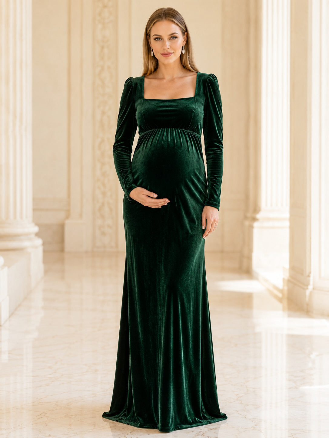 Dark Green Maternity Square Neck Long Sleeve Velvet Sheath Floor Length Luxury Evening Dress front view