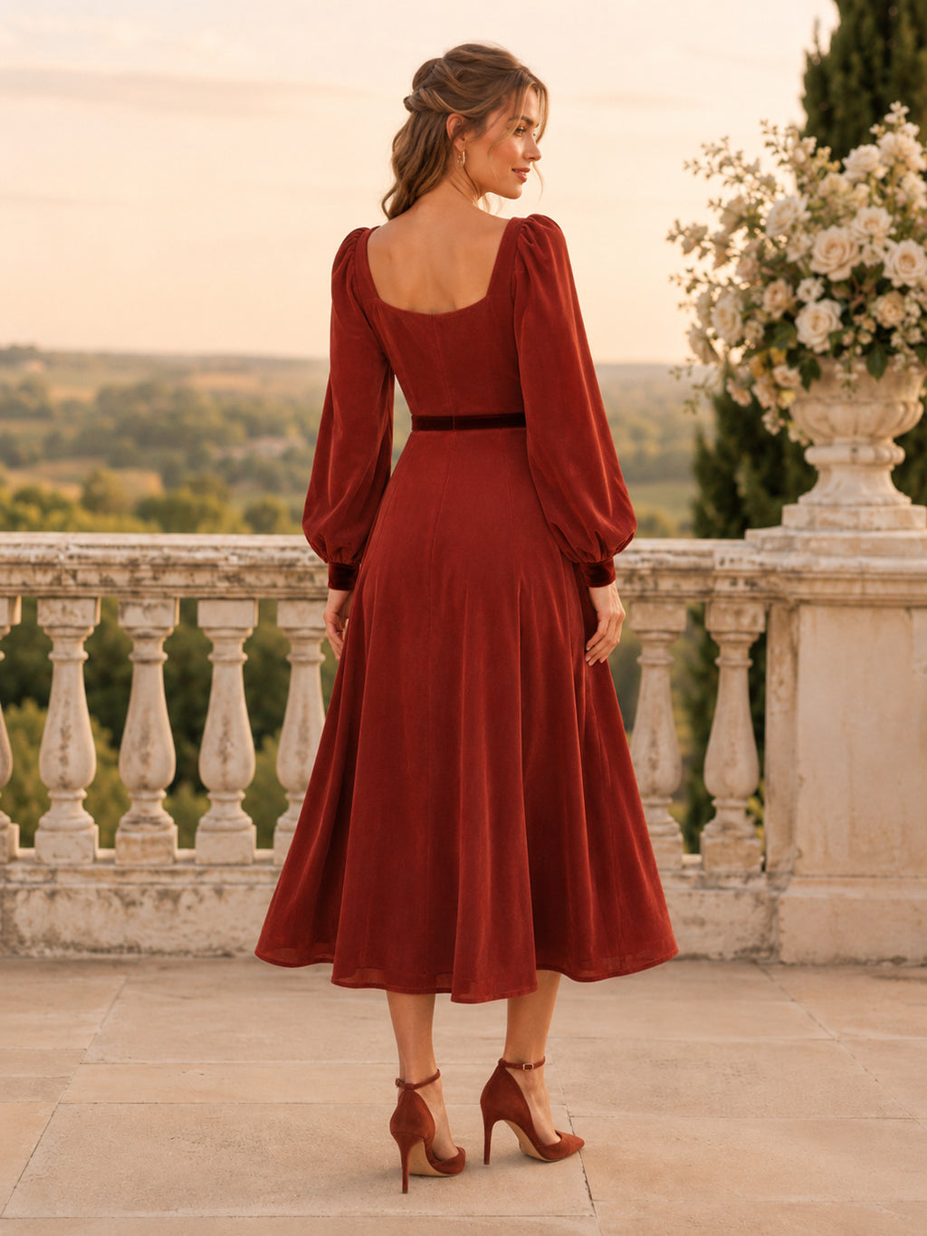 Burgundy Sweetheart Poet Sleeve Velvet Tea Length Guest Dress back view