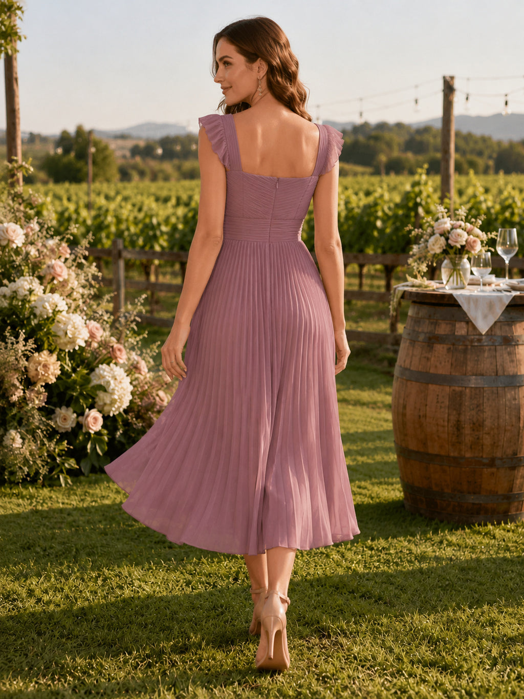 Vintage Mauve Square Neck Flutter Pleated Midi Guest Dress back view