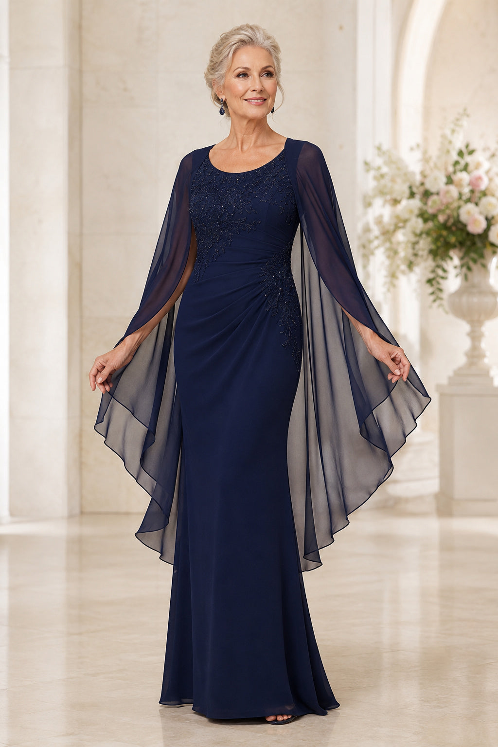 Dark Navy Scoop Neck Sheath Mother Dress with Beaded Bodice and Cape Sleeves front view
