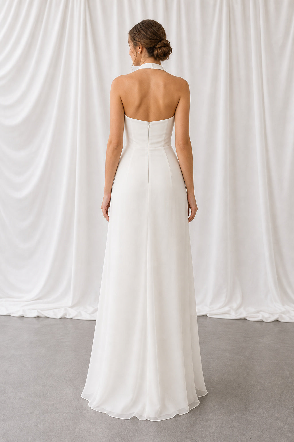 Ivory Halter A-Line Chiffon Floor-Length Dress With Open Back