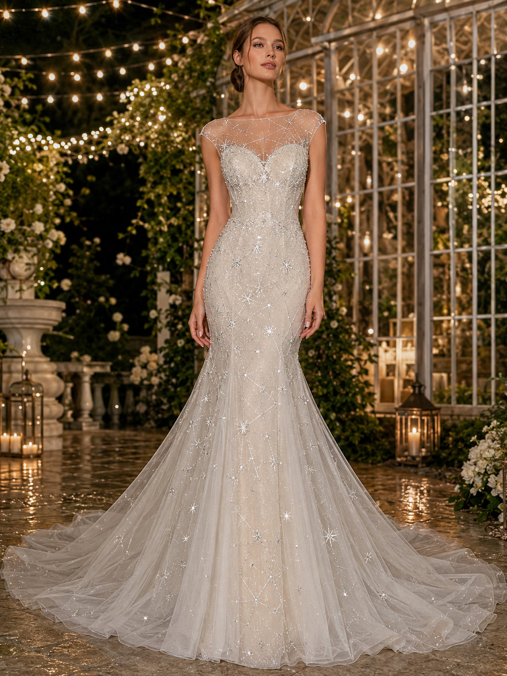 Strapless Celestial Mermaid Glitter Garden Train Bridal Gown front view
