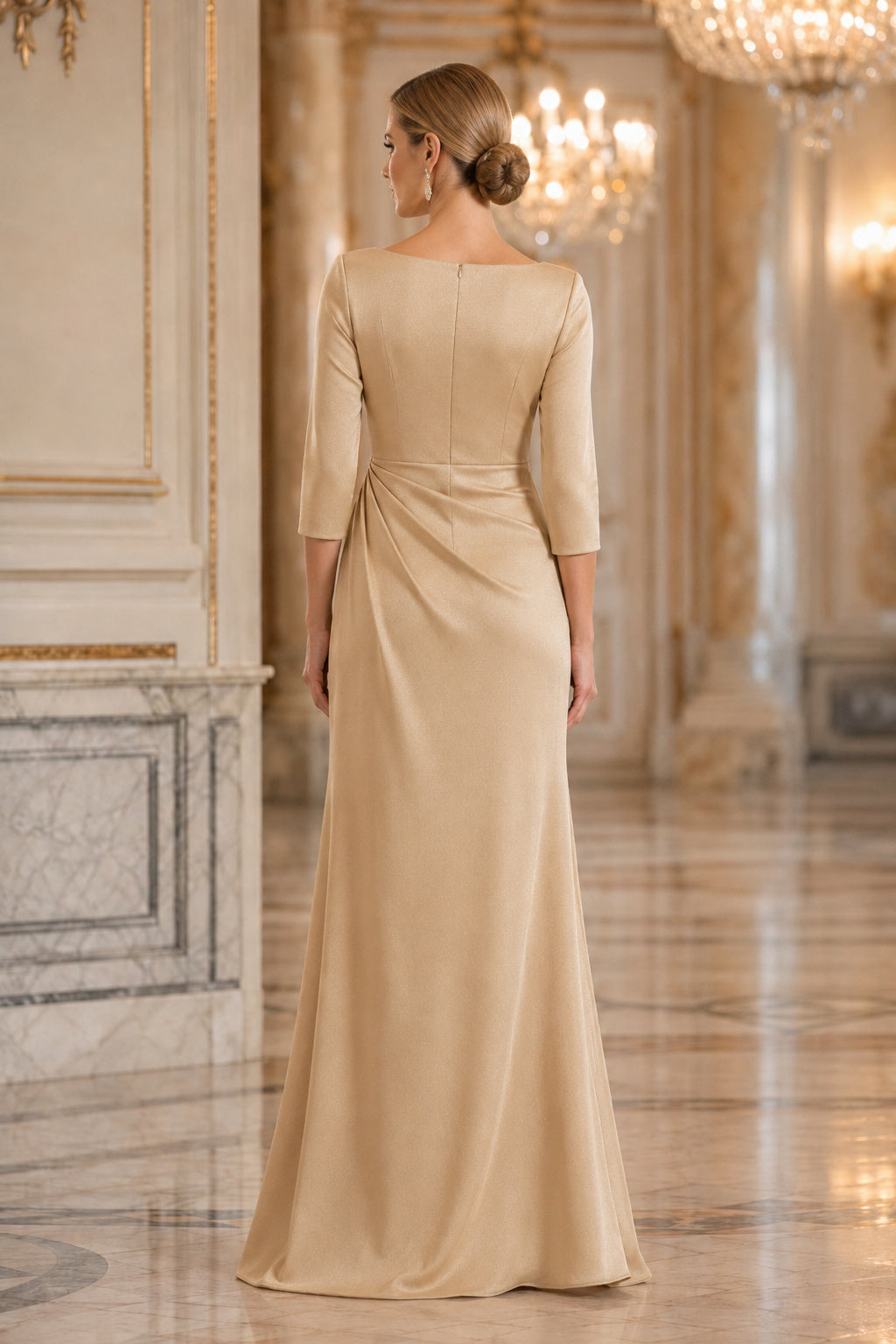 Champagne Bateau Neck Satin Sheath Mother Dress with Draped Waist for Mother of the Bride and Wedding Guest Events back view