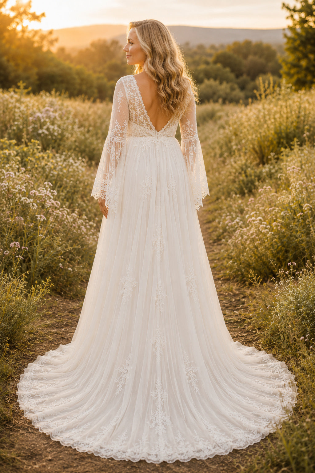 Ivory Long Bell Sleeve Lace Maternity Wedding Dress with V-Neck back view