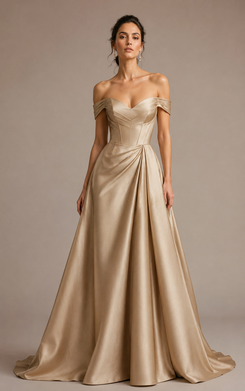 Champagne Satin Formal Gown Structured Bodice Floor Length Off Shoulder Dress front view