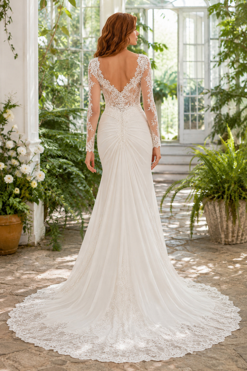 Ivory Sexy V-Neck Mermaid Draped Satin Lace Wedding Dress with One Long Lace Sleeve and Sweep Train back view