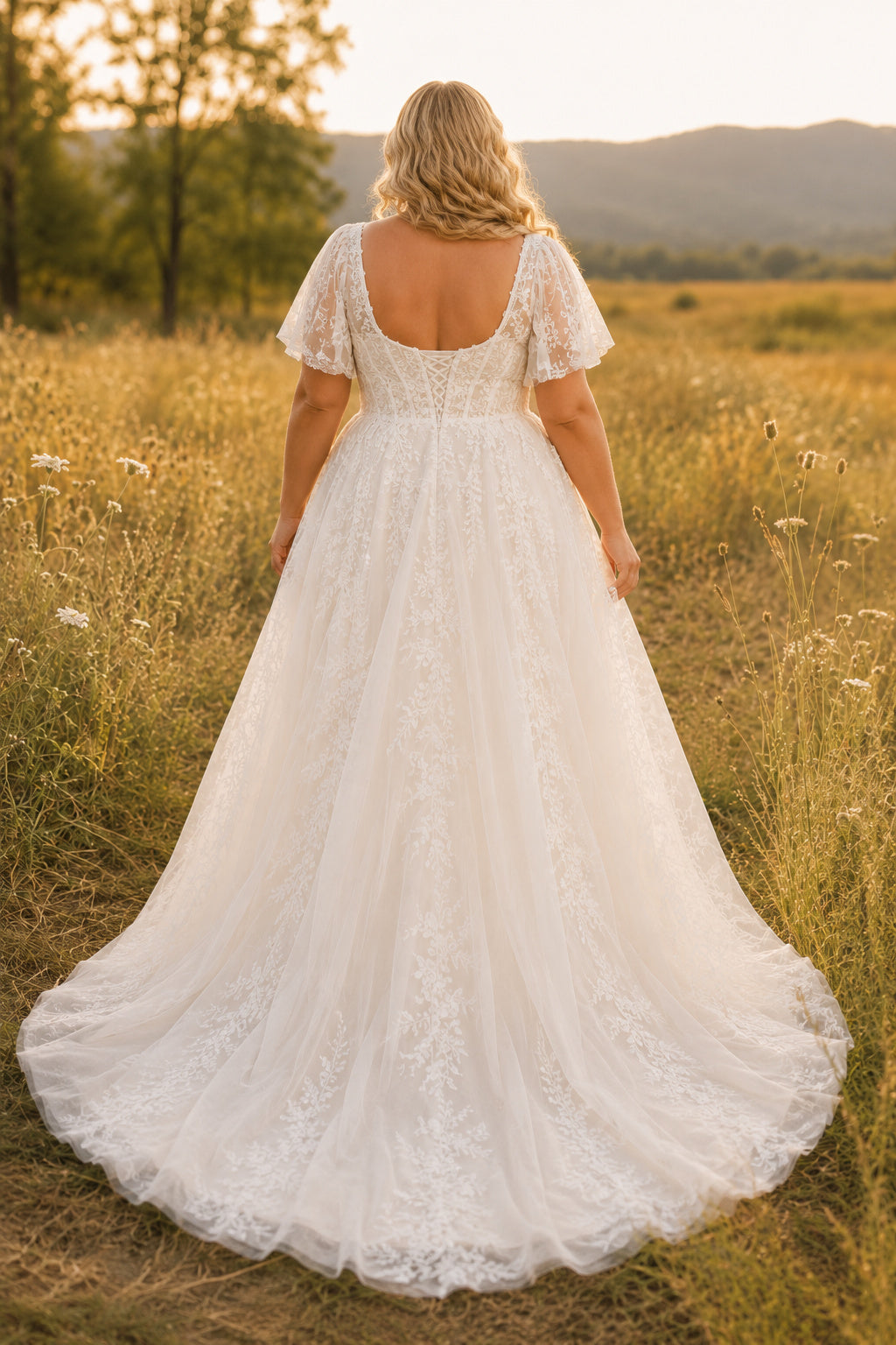 Ivory Plus Size Square Neck Lace A-Line Wedding Dress with Short Sleeves and Tulle Skirt back view