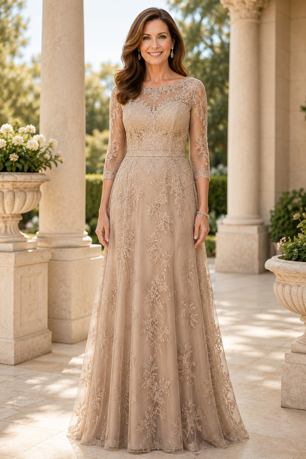 Champagne Long Sleeve Lace A-Line Mother Dress with Modest Bateau Neckline for Evening Reception front view