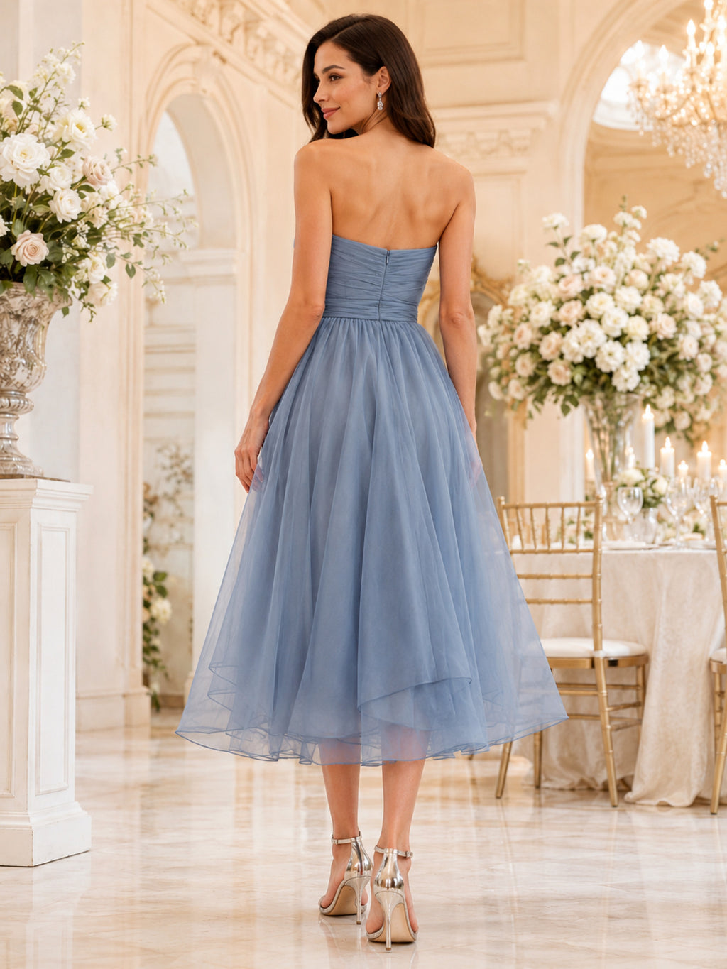 Slate Blue Sweetheart Strapless Layered Organza Midi Guest Dress back view