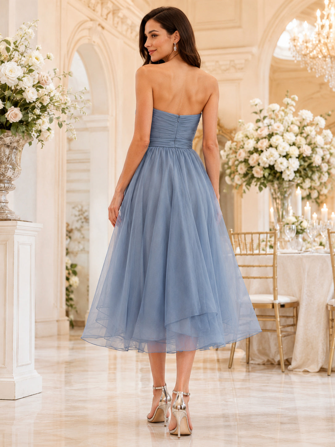 Slate Blue Sweetheart Strapless Layered Organza Midi Guest Dress back view