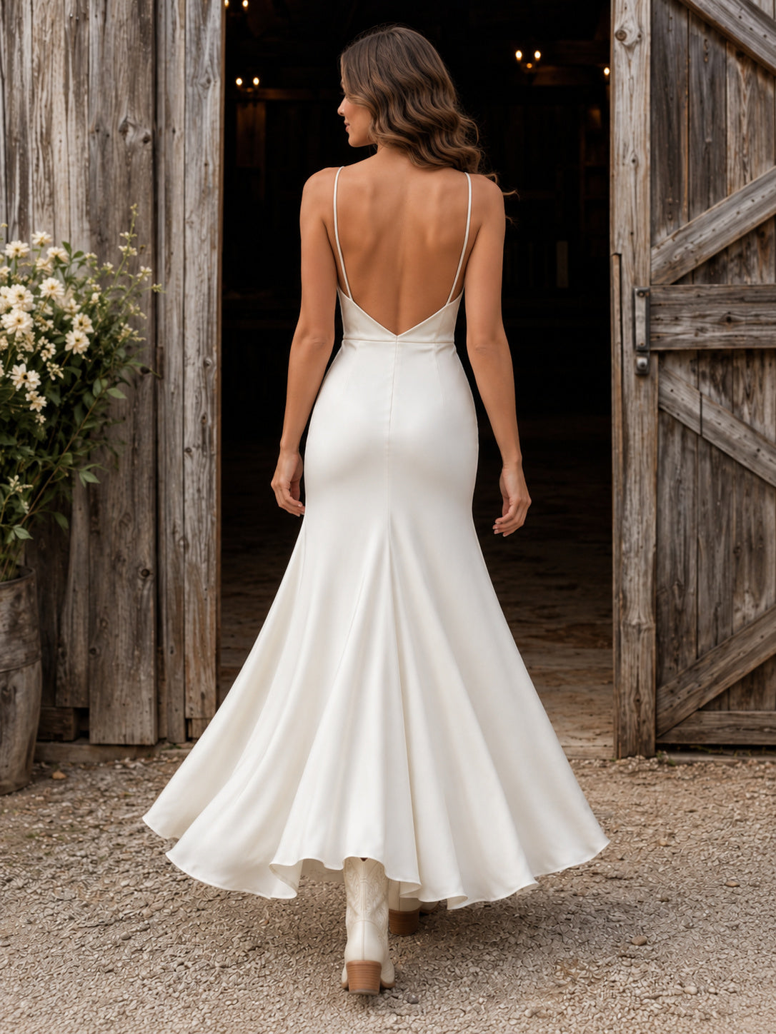 Minimalist Satin Sheath Cowl Neck High-Low Country Wedding Dress Simple back view