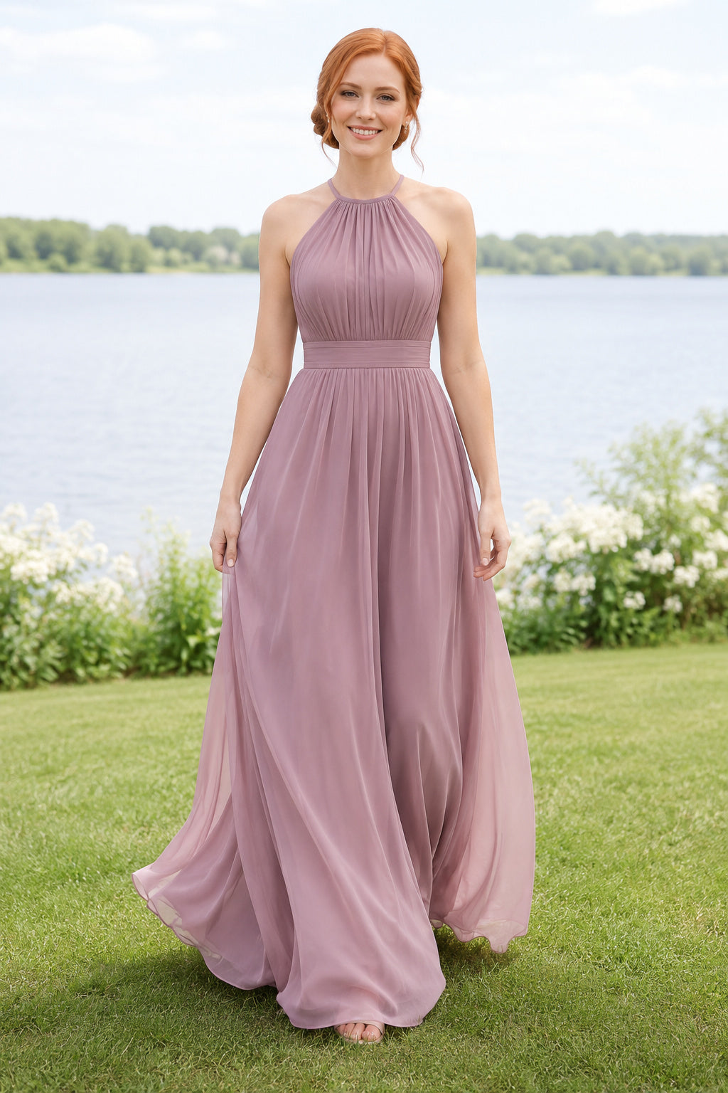 Mauve Halter Chiffon A-Line Bridesmaid Dress with Pleated Bodice front view