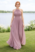Mauve Halter Chiffon A-Line Bridesmaid Dress with Pleated Bodice front view