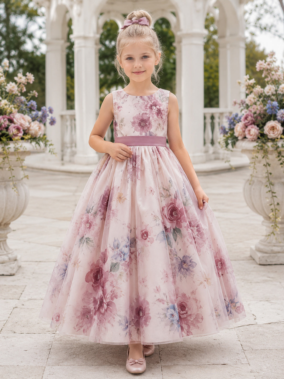 Vintage Mauve Watercolor Floral Flower Girl Gown with Sleeveless Tulle A-Line, Printed Blooms, Sash Waist, and Long Skirt fro