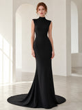 Dramatic High Neck Sleeveless Satin Mermaid Sweep Train Wedding Dress front view
