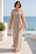 Taupe Sheath Mother Dress with Sheer Cape Sleeves and Ruched Side Waist for Evening Reception front view