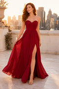 Burgundy Strapless Burgundy Chiffon A Line Dress with Side Slit Floor Length A Line Bridesmaid Dress front view