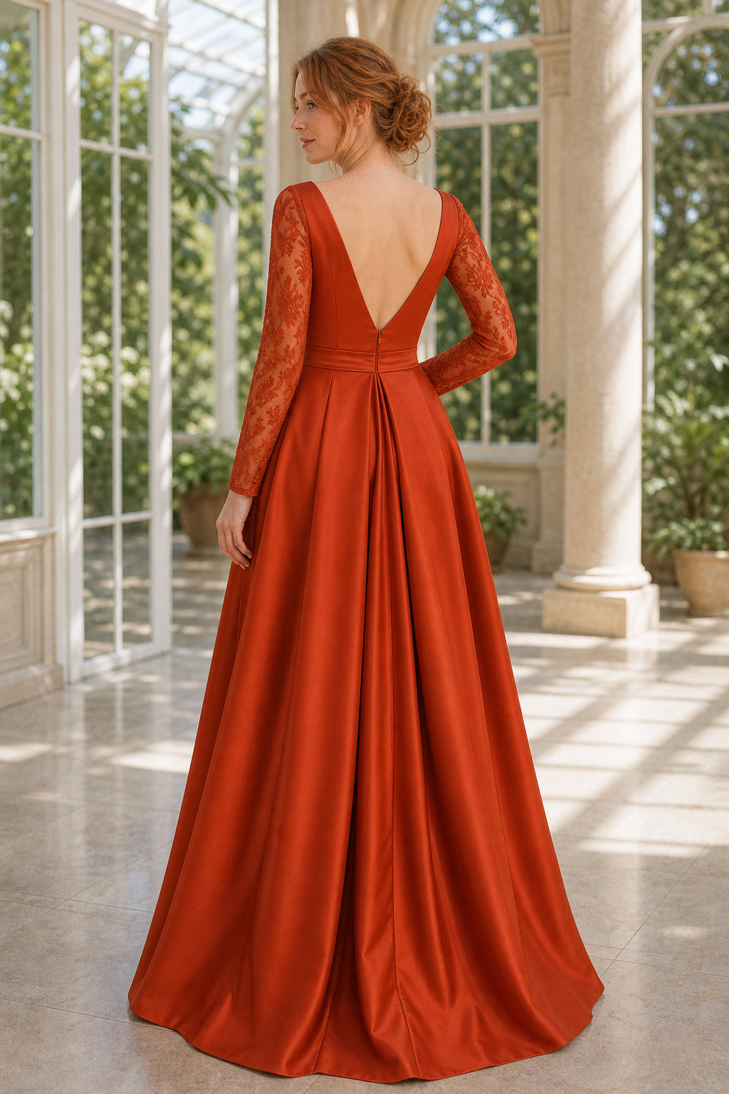 Rust V-neck Long Sleeve A-Line Satin Floor-Length Dress With Pleated Skirt