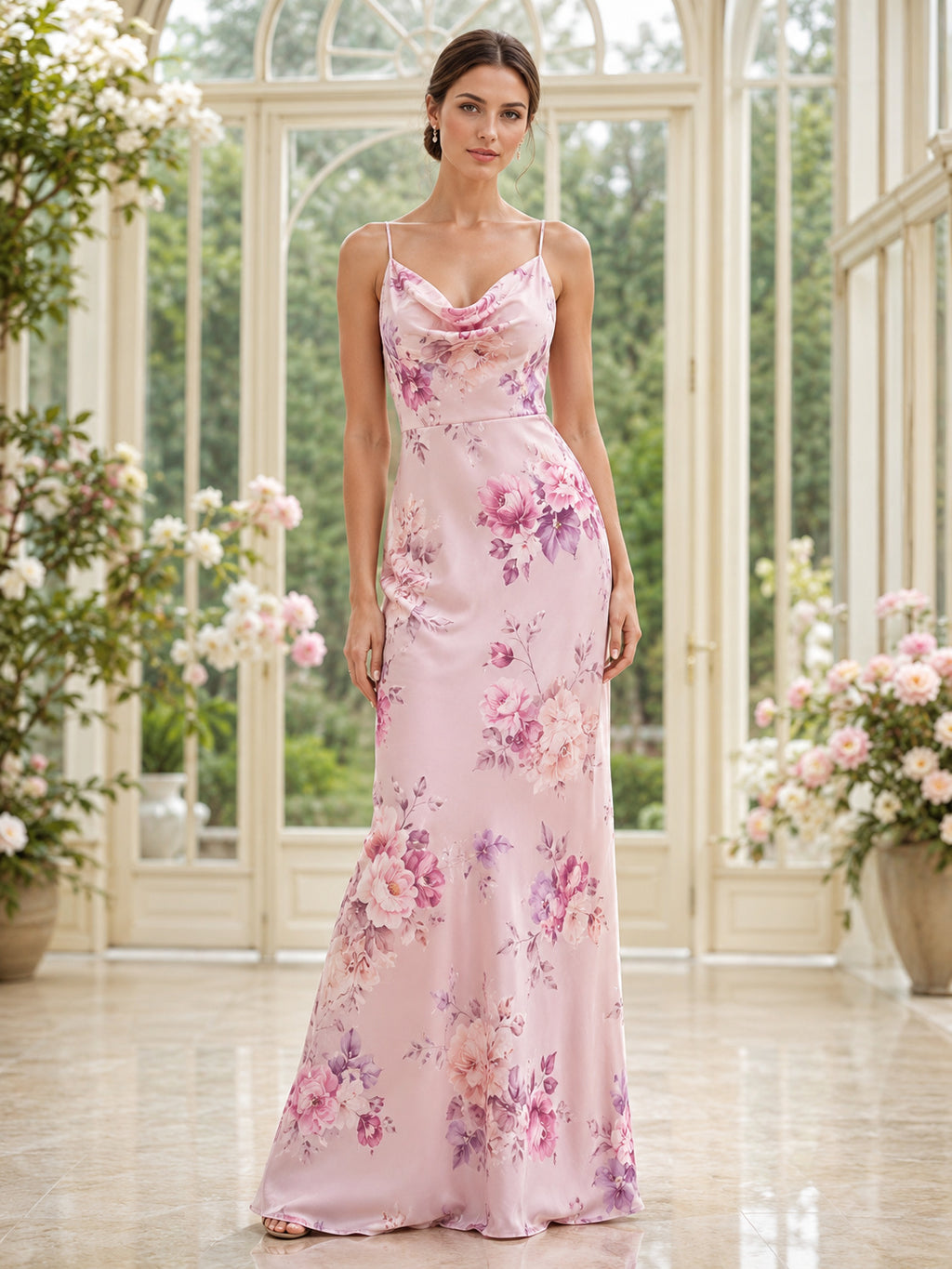 Soft Pink Floral Cowl Neck Spaghetti Strap Floor Length Sheath Dress front view