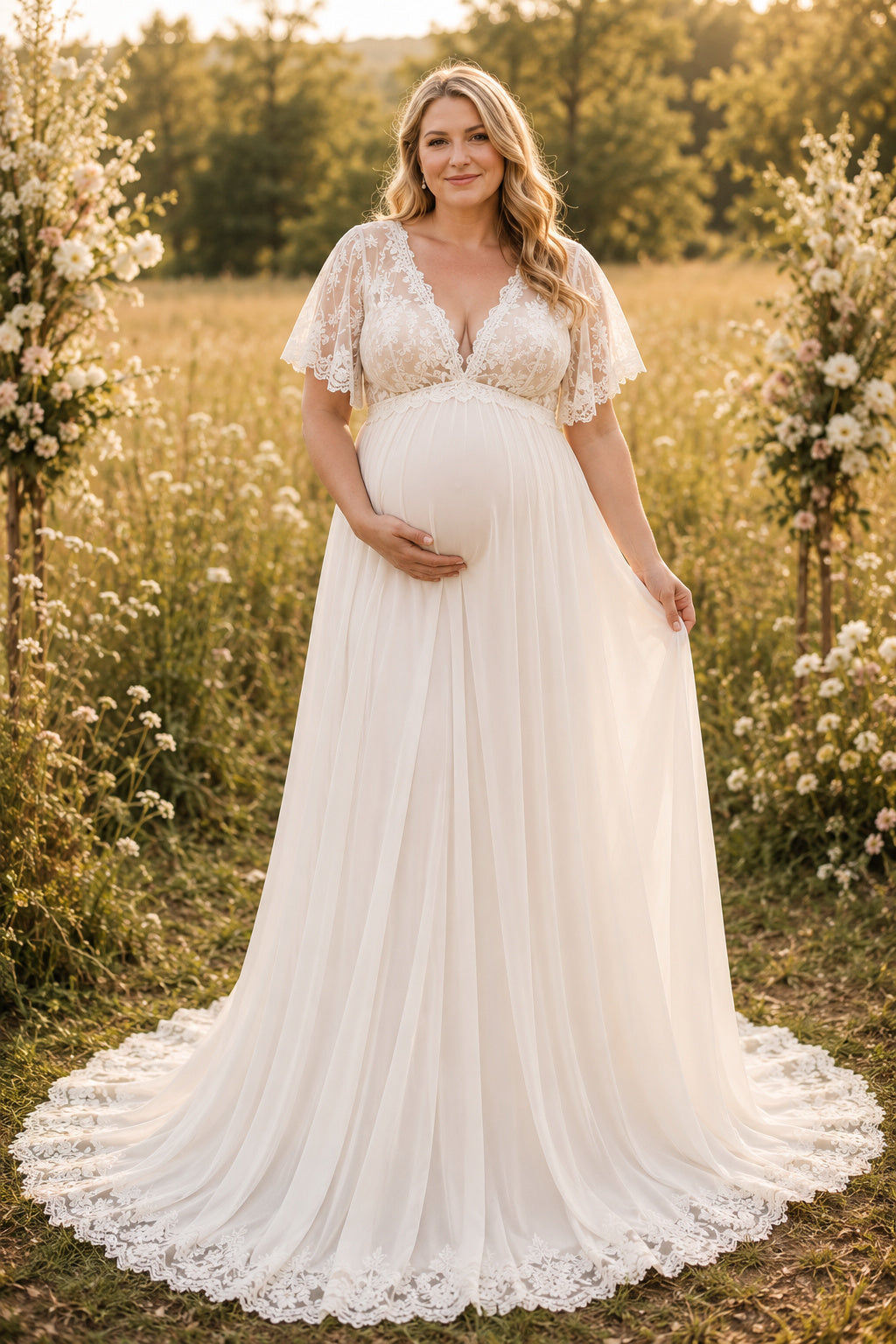Ivory Plus Size Maternity V-Neck Flutter Sleeve Lace A-Line Wedding Dress with Train front view