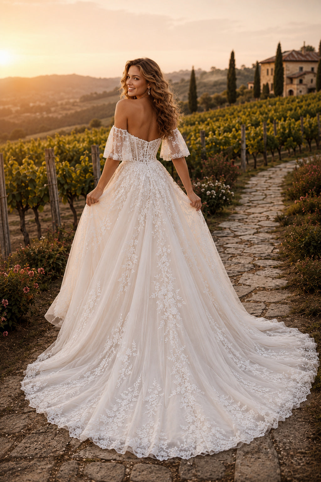 Off the Shoulder Ruffle Sleeve A-Line Wedding Dress with Lace Appliques and Train back view