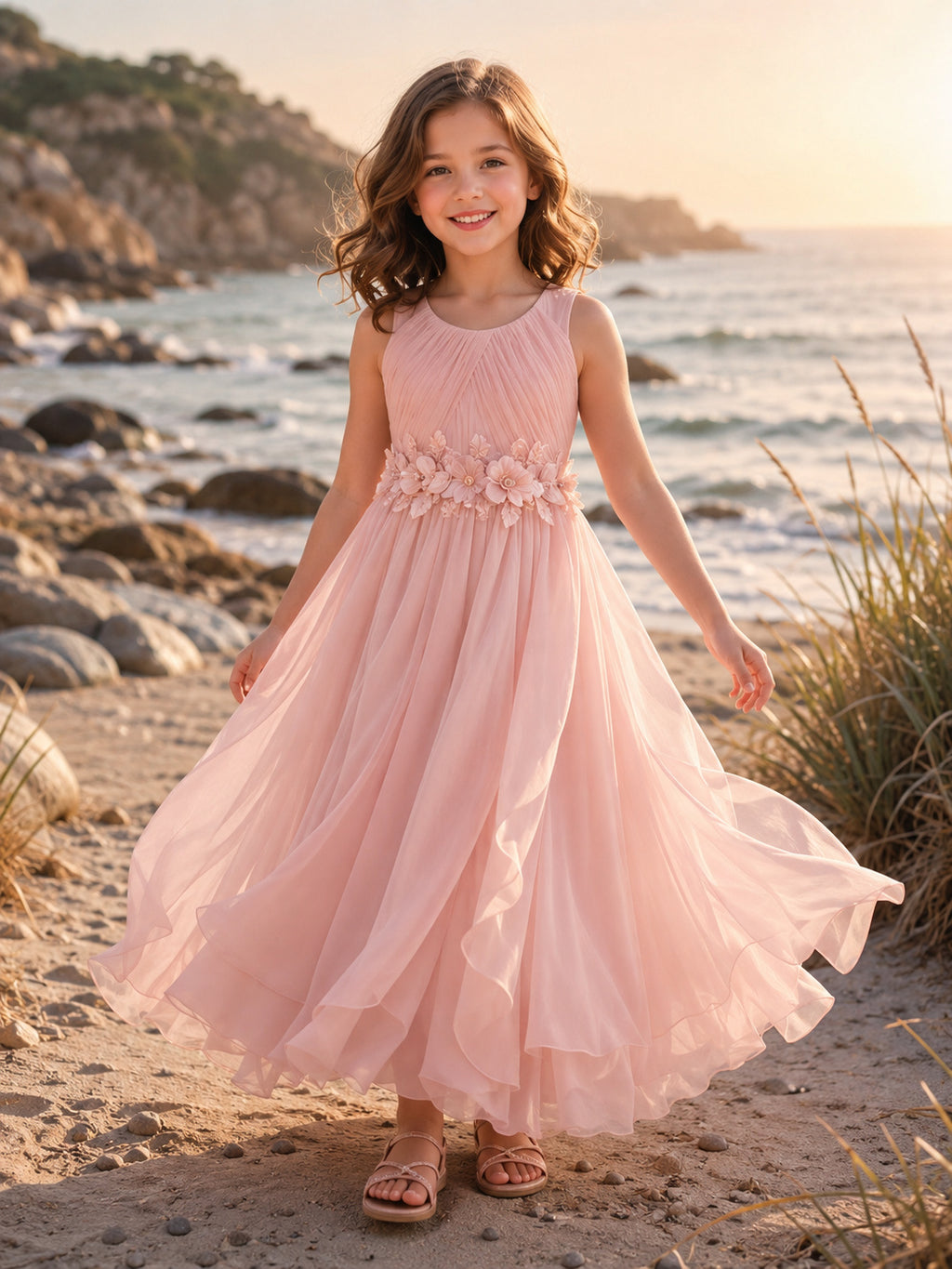 Flower Girl Dress Pearl Pink Tulle A-Line Jewel Neck Tea Length front view