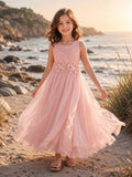Flower Girl Dress Pearl Pink Tulle A-Line Jewel Neck Tea Length front view