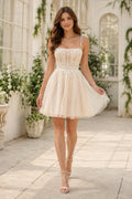 Square Neck Mini Wedding Dress with Spaghetti Straps and Tulle A-Line Skirt front view