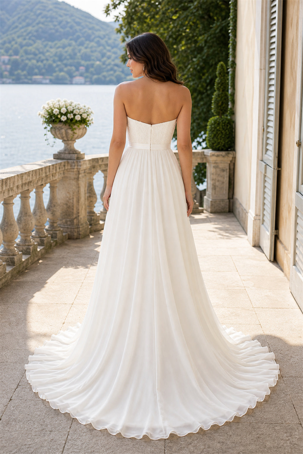 White Illusion Long Sleeves A-Line Crepe Floor-length Wedding Dress With Open Back and Lace Bodice Lace Hem Detail
