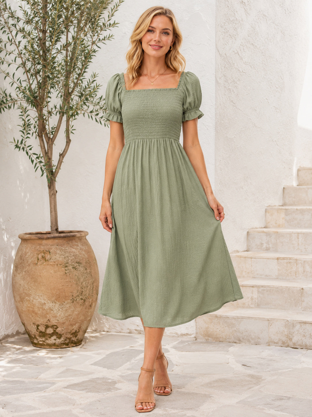 Sage square neck puff sleeve smocked midi guest dress front view