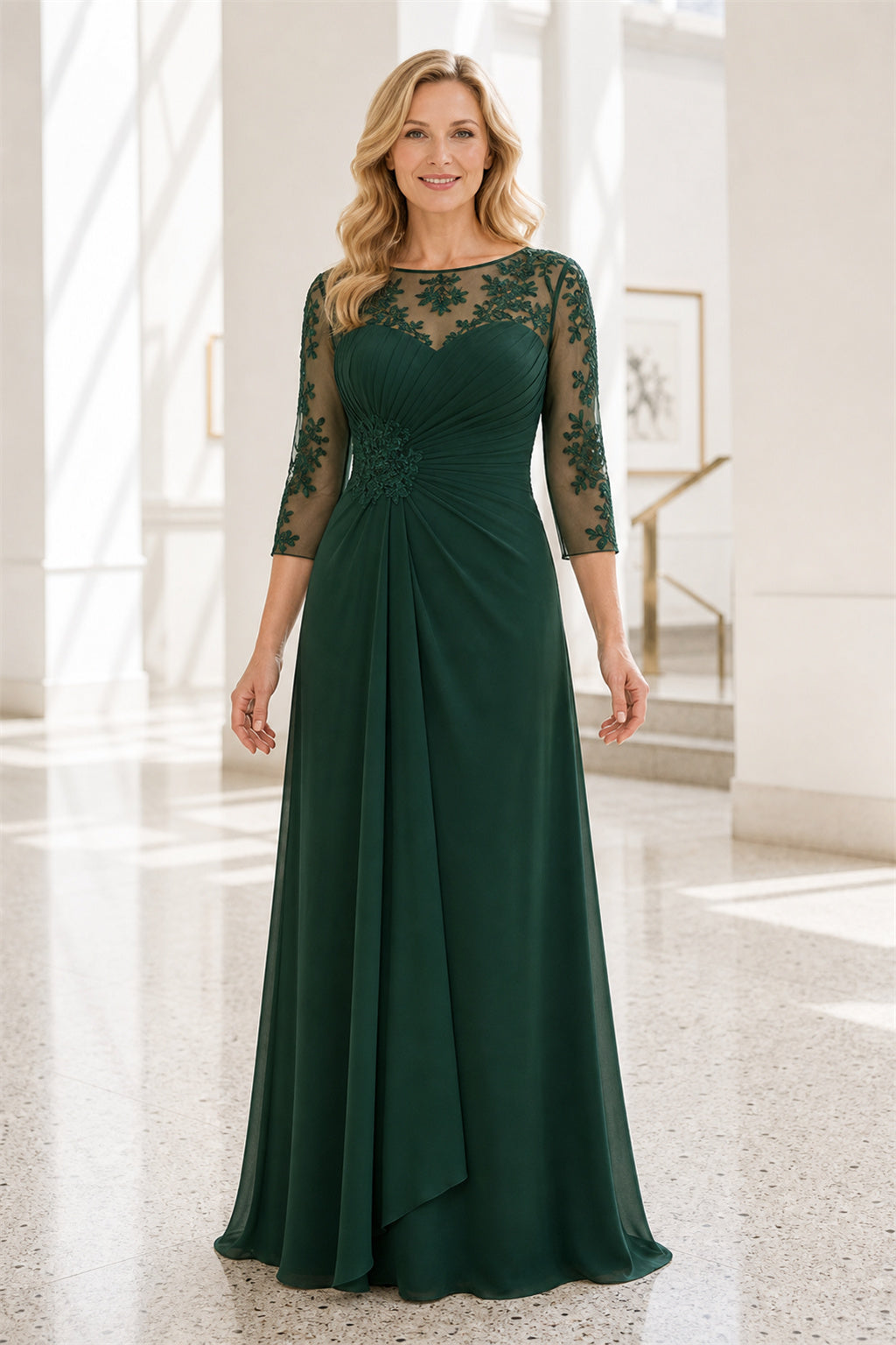 Emerald Bateau Long Sleeve Sheath Chiffon Floor-Length Dress With Lace Bodice