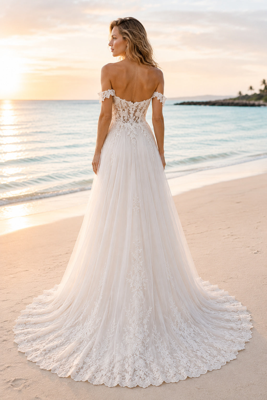 Ivory Off Shoulder Lace A-Line Wedding Dress Chapel Train for Bridal Ceremony and Reception back view