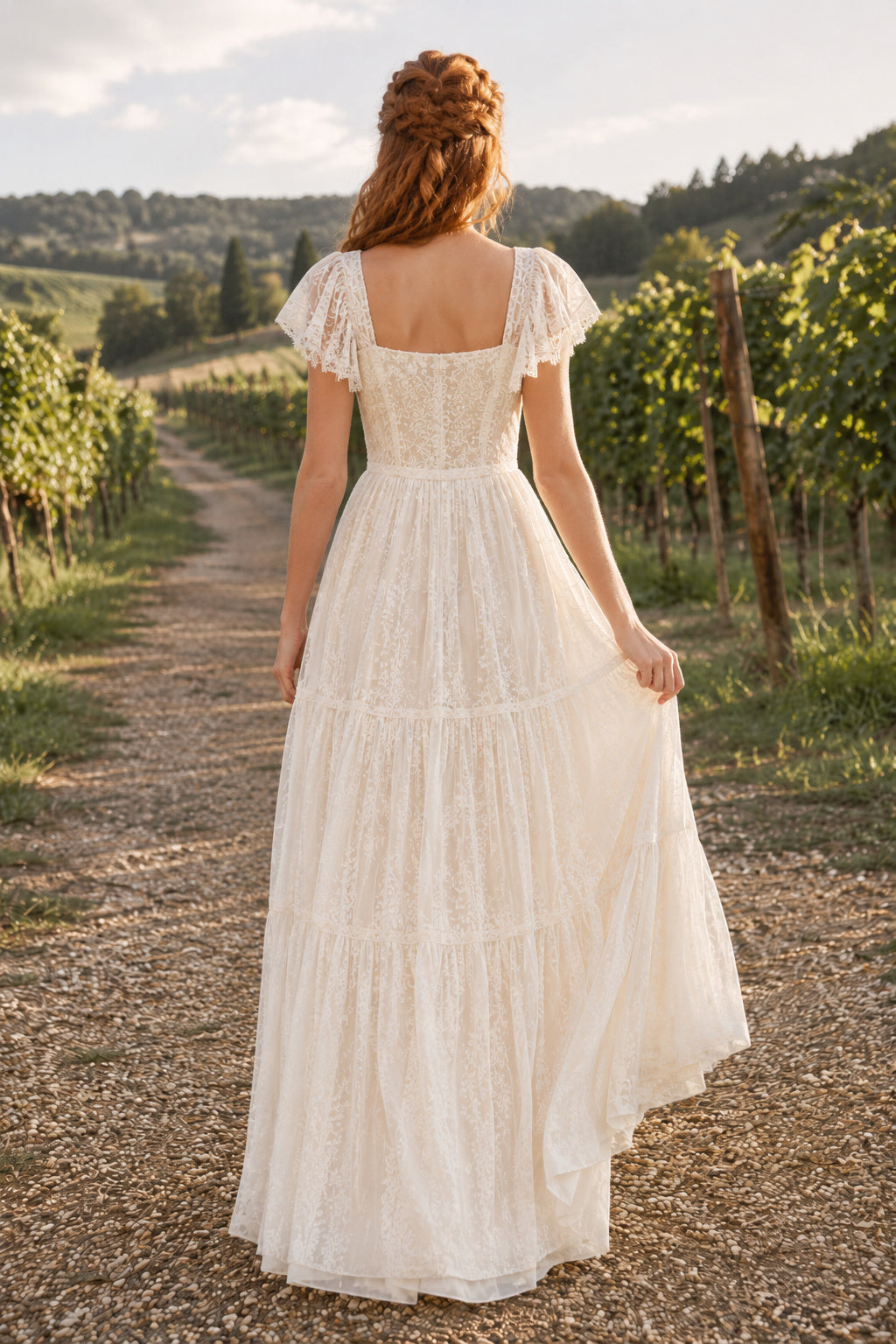 Square Neck Puff Sleeve Tiered A-Line Wedding Dress with Lace Bodice and Soft Train back view