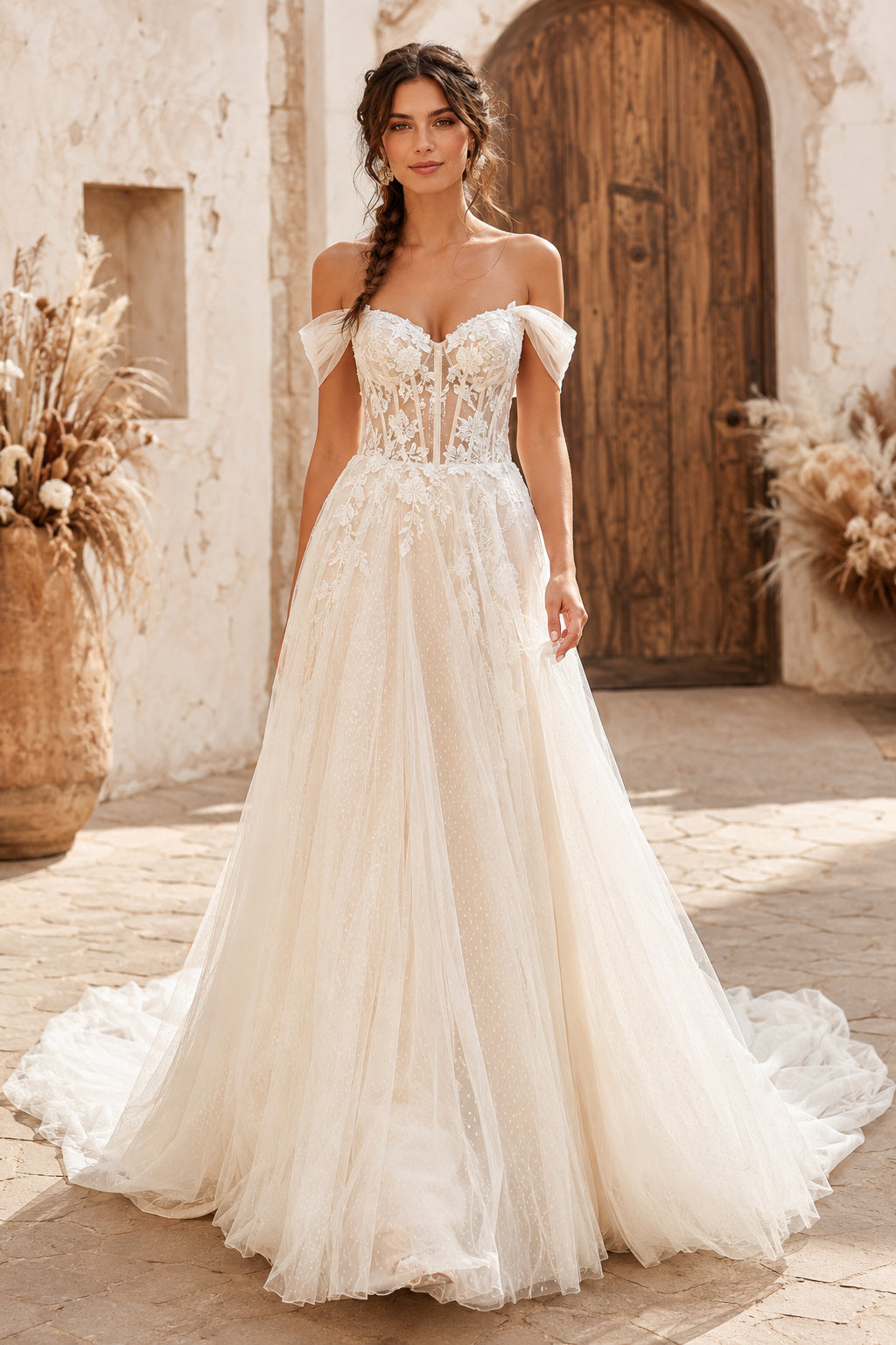 Ivory Off-the-Shoulder Corset A-Line Wedding Dress with Soft Tulle Sweep Train front view