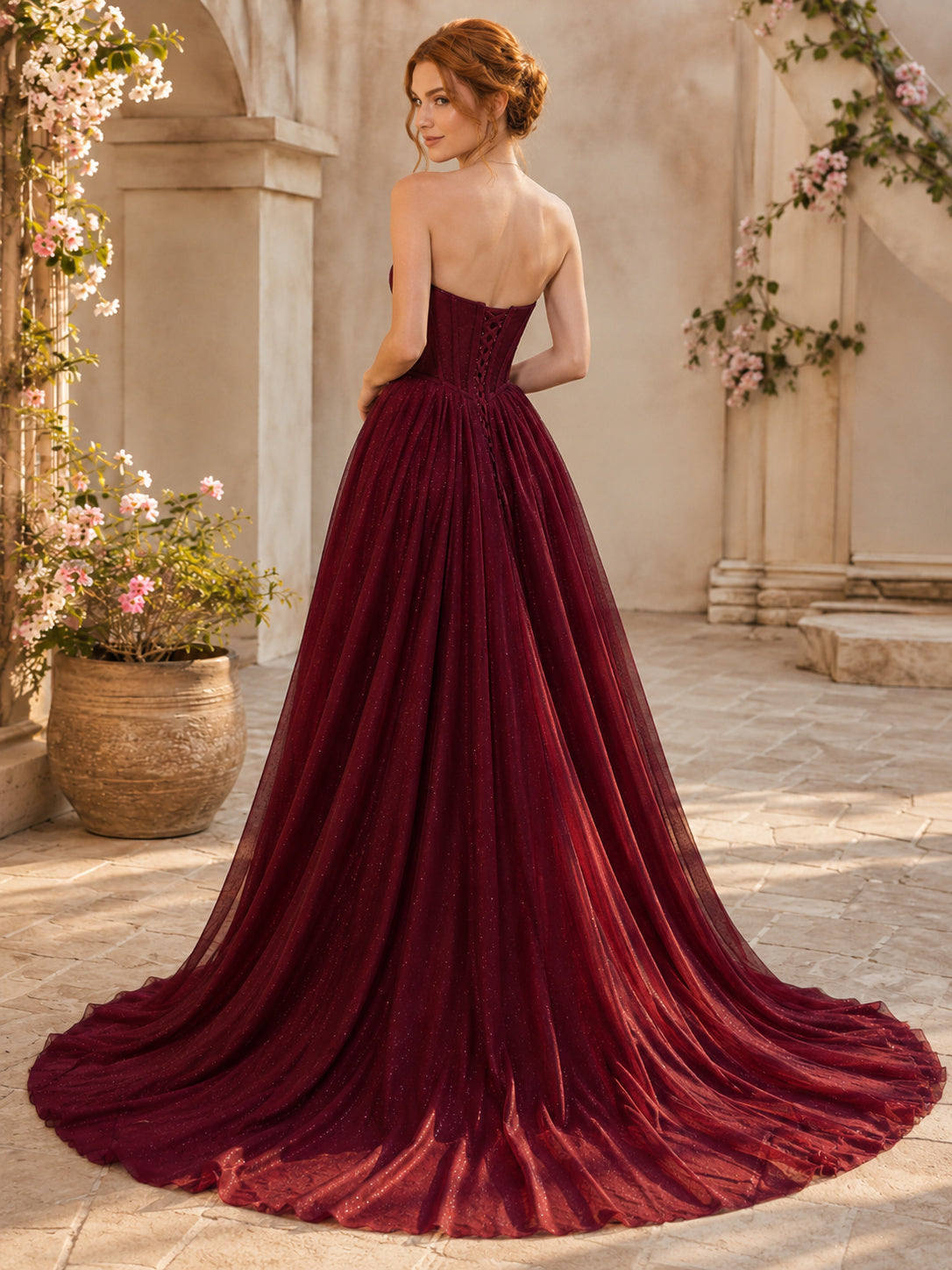 Burgundy Strapless Sweetheart Glitter Tulle Ball Gown Chapel Train Corset Prom Dress back view