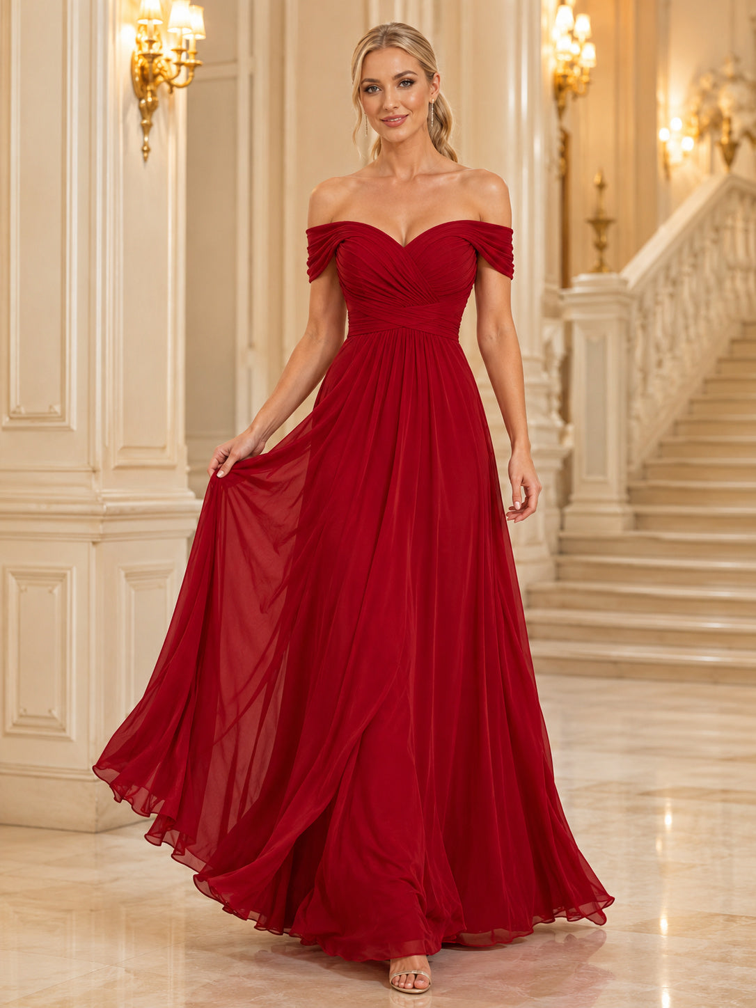 Red Off Shoulder Chiffon A Line Gala Gown front view