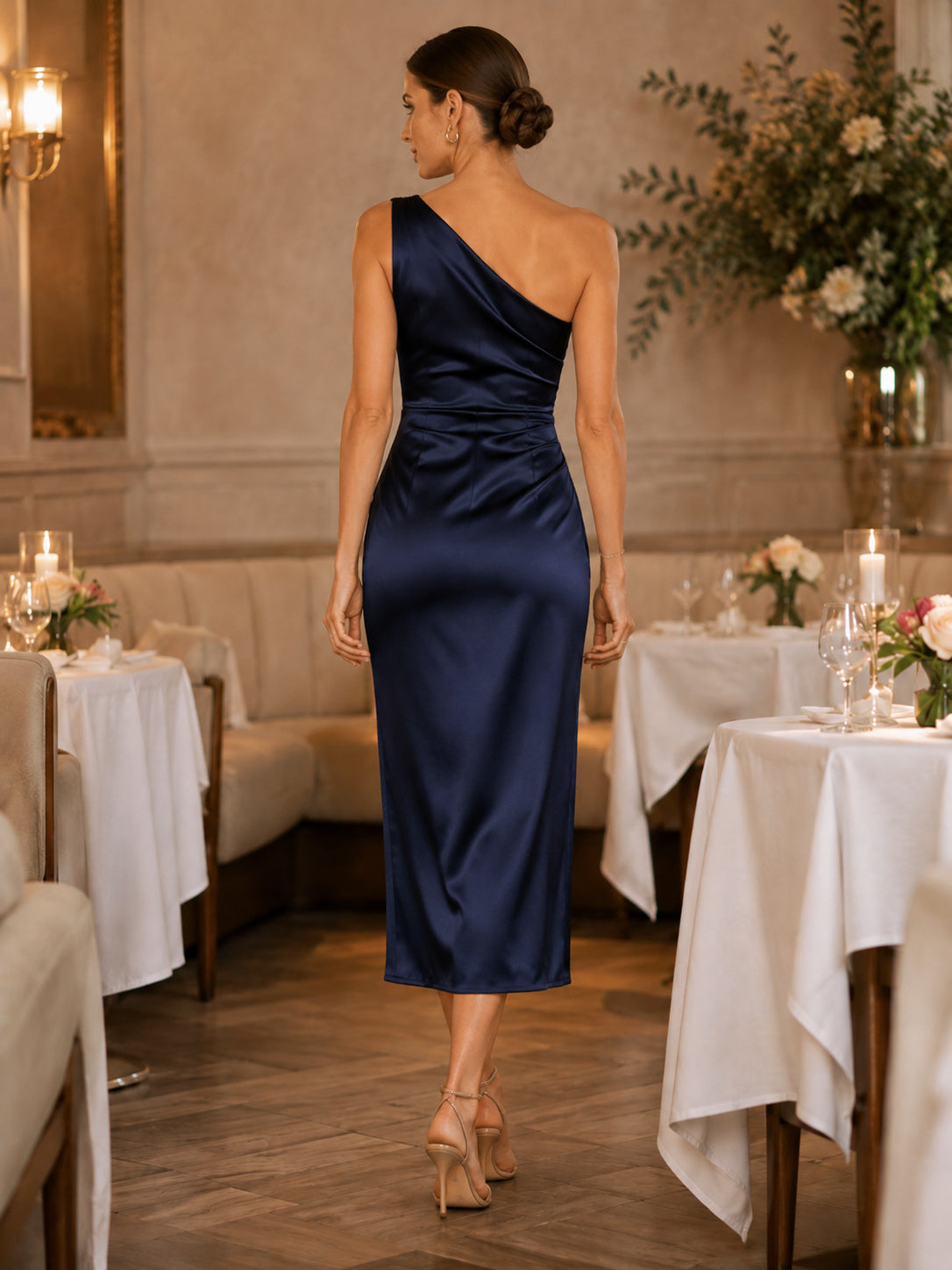 Dark navy one shoulder satin midi sheath rehearsal dress back view