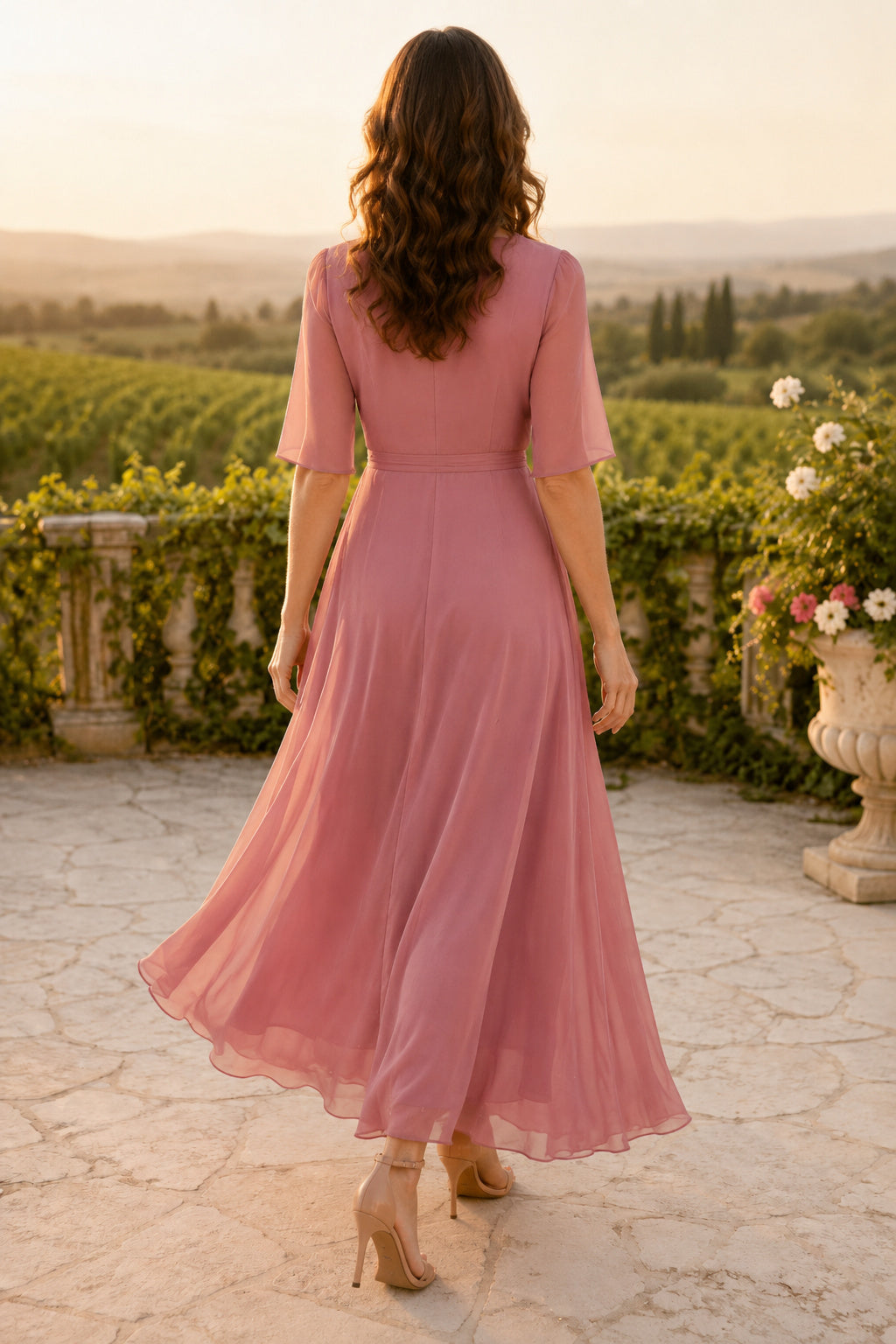 Sage Wrap Wedding Guest Sheath Dress back view